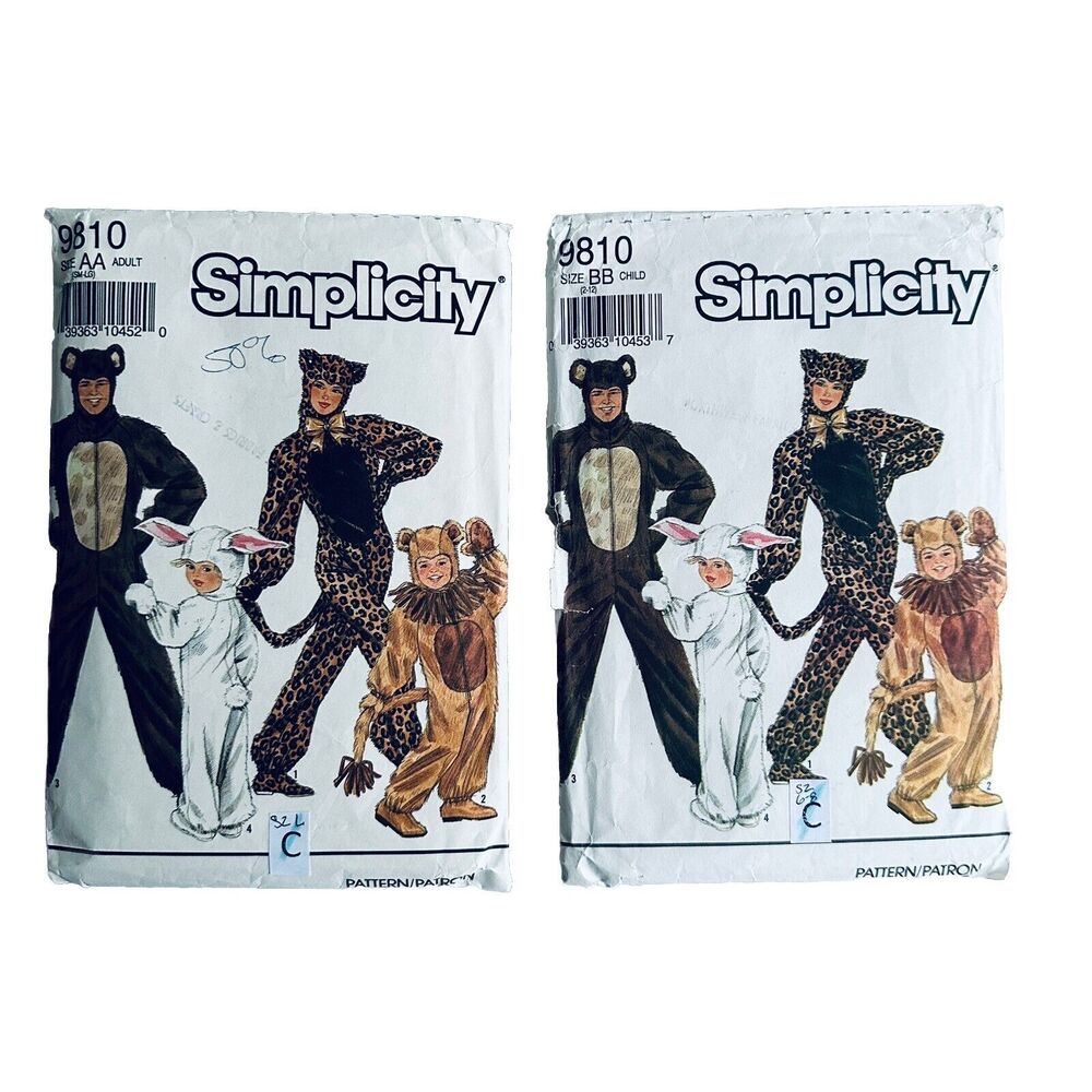 Two Family Halloween Sewing Patterns Simplicity 9810 Cat Bear Rabbit Lion 1990s